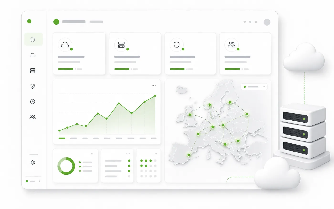 Cloud dashboard overview with metrics and a map of Europe